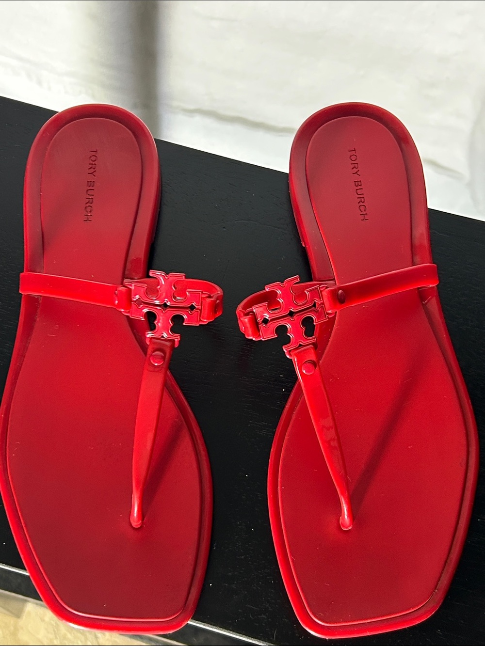 Tory Burch Red Logo Jelly Thong Sandals with Iconic Emblem